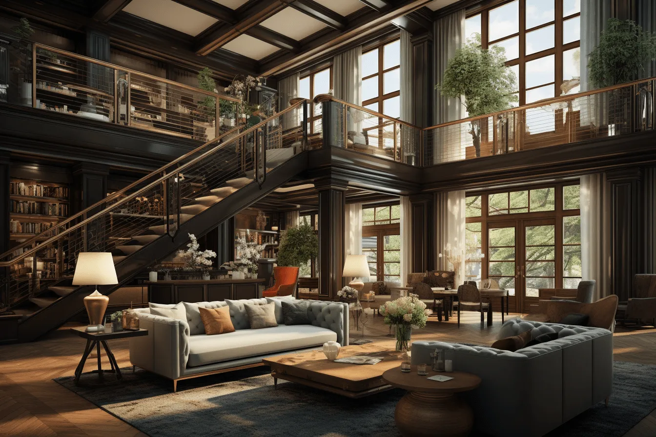 Art and furniture inspirations interior design living room 3d rendering, industrial elegance, 32k uhd, detailed world-building, navy and brown, architectural scenes, weathercore, multi-layered