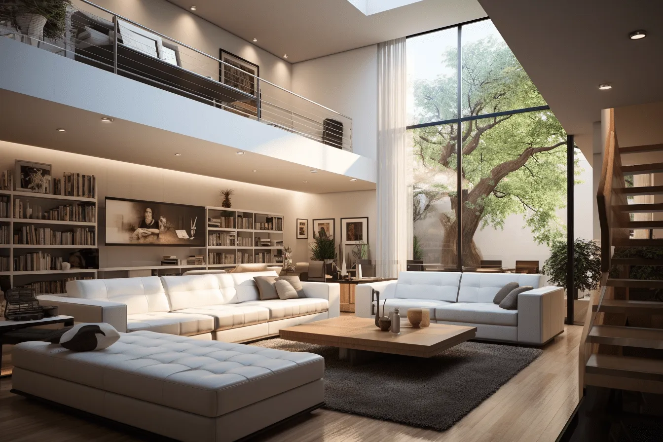 Modern white living room design, natural lighting, multi-layered, richly layered, pseudo-realistic, windows vista, american tonalist, atmospheric and moody lighting