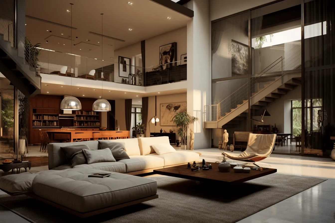 Large open living space with modern furnishings, daz3d, american tonalist, leica summilux-m 50mm f/1.4 asph, richly layered, beige and amber, photorealistic urban scenes, luxurious