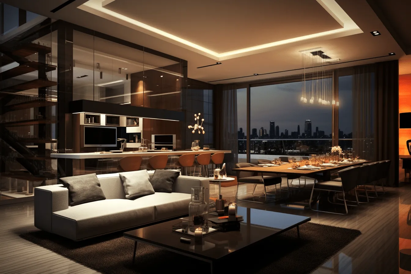 Modern living room with a glass wall above the dining room, moody chiaroscuro lighting, realistic cityscapes, light bronze and light amber, architectural transformations, contrasting values, ue5, dark amber and white