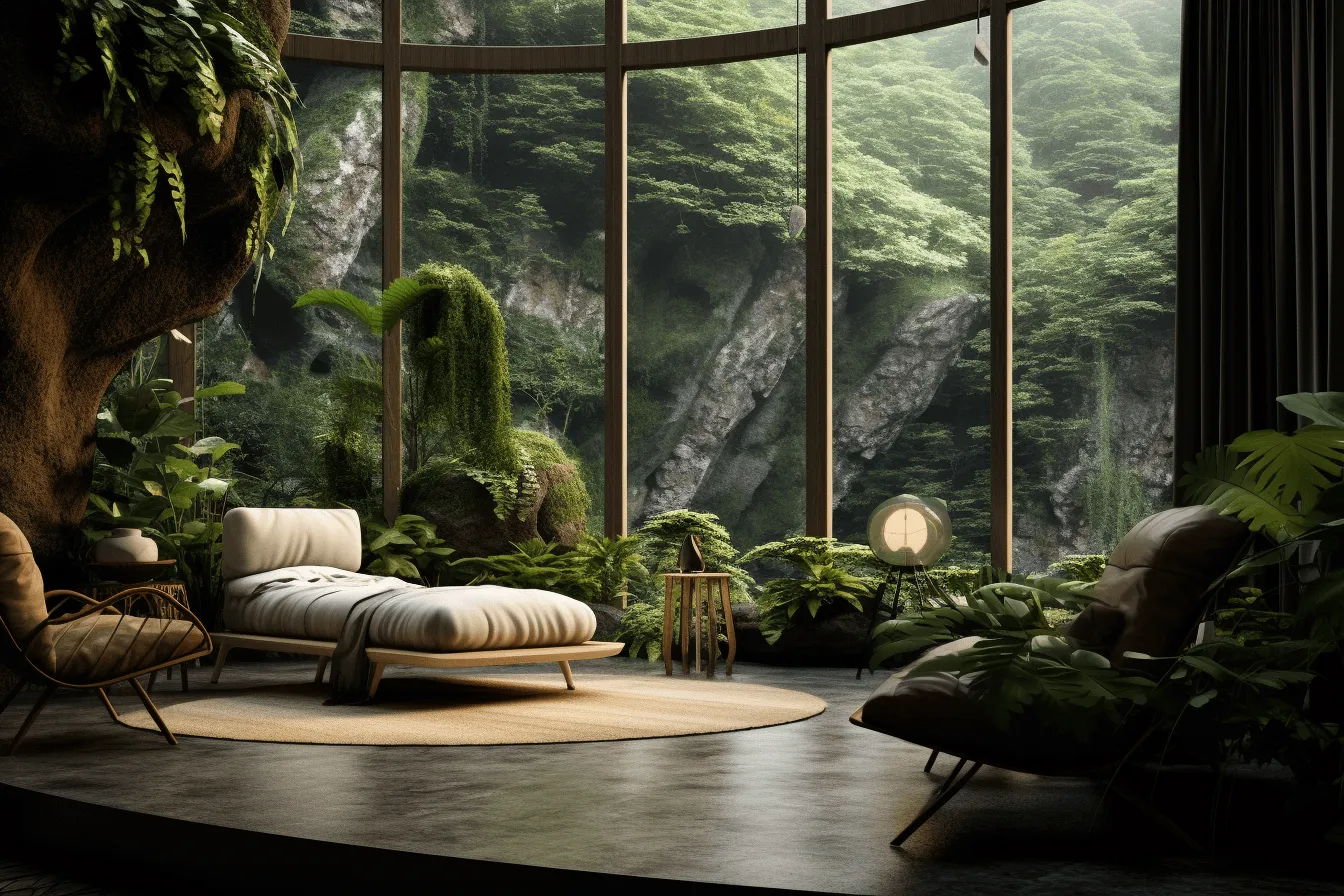 Huge room with plants and an empty room, sublime wilderness, luxurious, mountainous vistas, nature-inspired imagery, modernist vision, rich and immersive, rounded