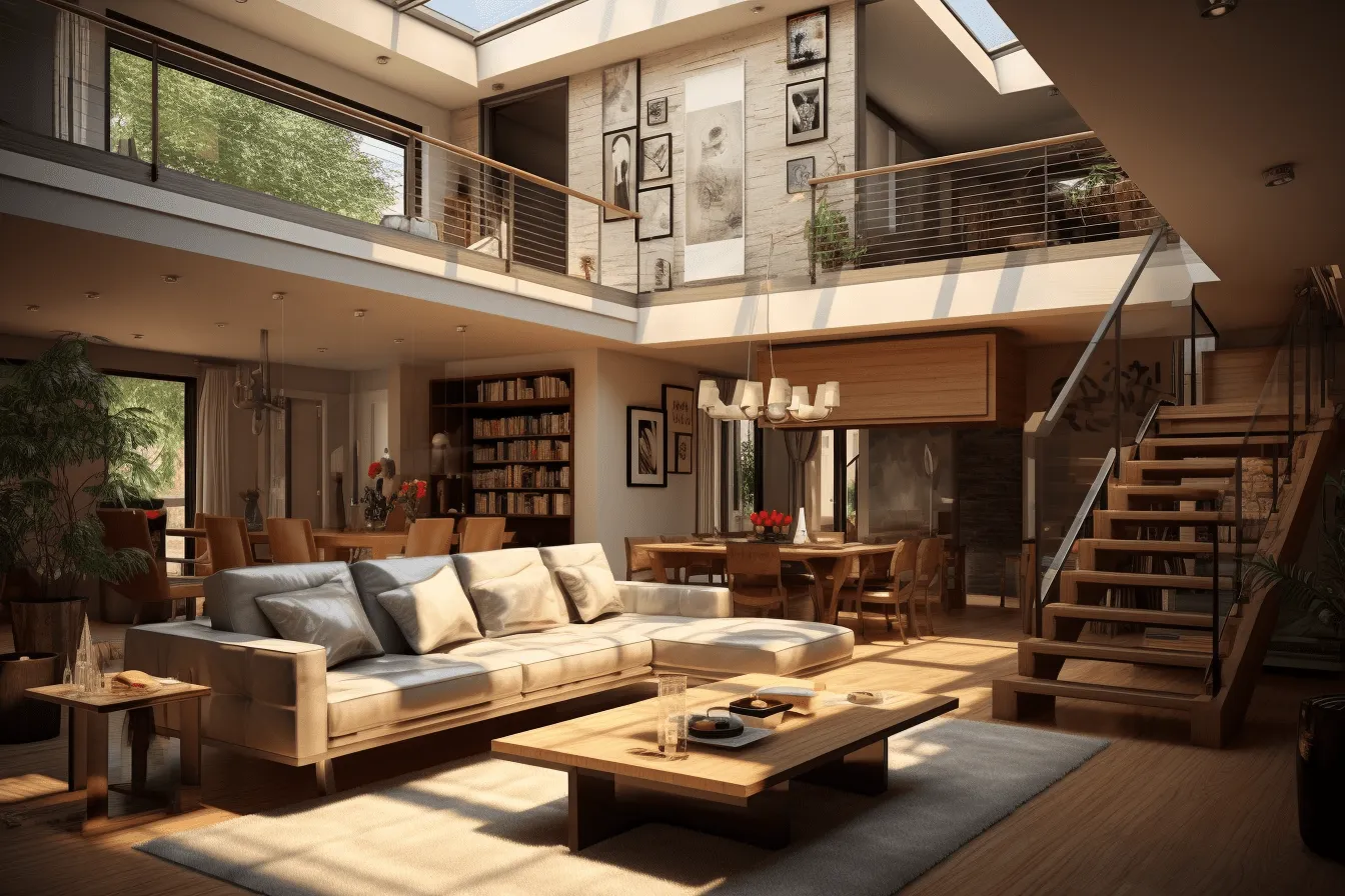 Living room with a wooden floor and an atrium, realistic and hyper-detailed renderings, rendered in maya, natural lighting, multi-layered, weathercore, high definition, captivating lighting