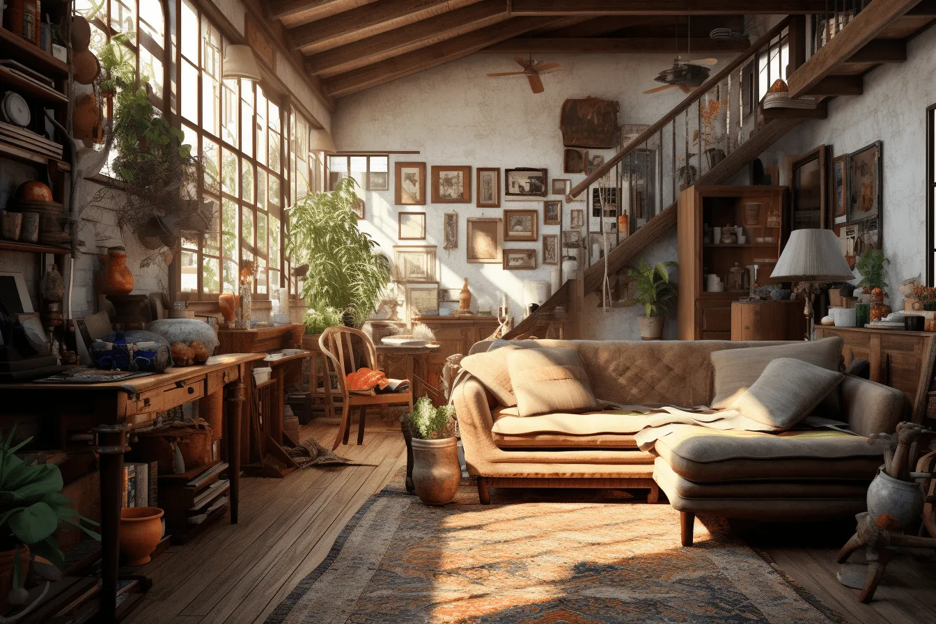 Couch in the room, highly detailed environments, rustic charm, multi-layered narrative scenes, sunrays shine upon it, unreal engine 5, mediterranean-inspired, depiction of everyday life