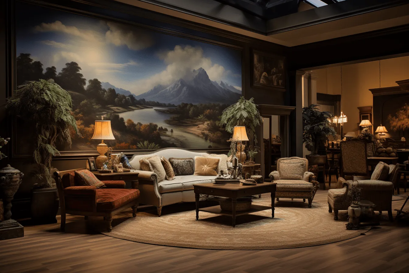 Living room with an amazing mural showcasing lots of mountains and trees, renaissance-inspired chiaroscuro, realistic still lifes with dramatic lighting, angenieux 45-90mm f/2.8, timeless elegance, 32k uhd, storybook-like, luxurious