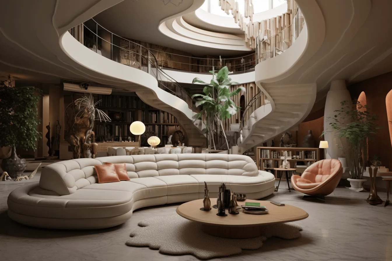 3d rendering of a living room with a futuristic design, art nouveau organic forms, maximalist, storybook-like, spiral group, dada-inspired constructions, beige, 32k uhd