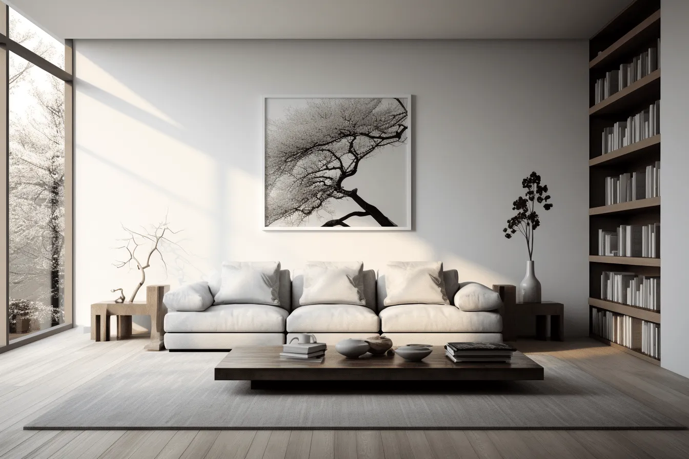 Modern living room furniture — contemporary modern living room furniture online, zen-inspired ink painting, juxtaposition of light and shadow, monochromatic imagery, textured canvas, high quality photo, naturalistic rendering, japanese minimalism