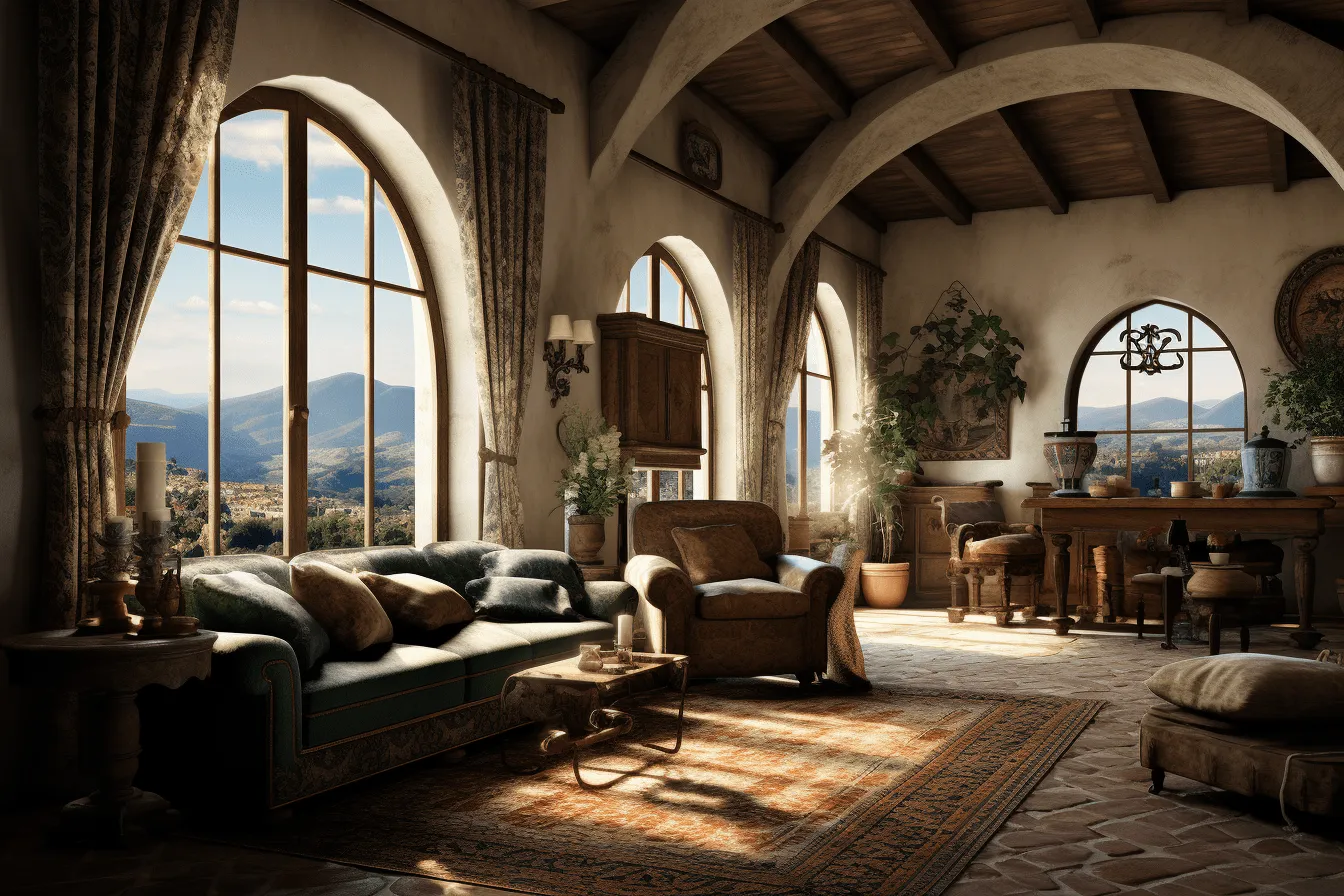 Living room is in an old house, atmospheric landscape, vray tracing, italian landscapes, uhd image, 15th century, mountainous vistas, mediterranean-inspired