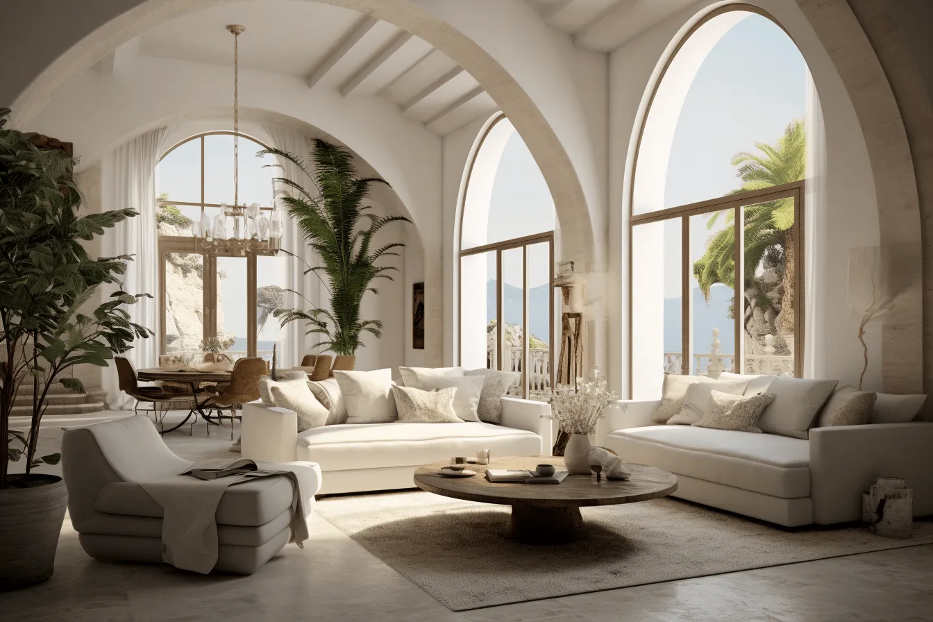 Open living room area with windows, mediterranean-inspired, vray tracing, arched doorways, biblical grandeur, rendered in maya, light white, maximalist
