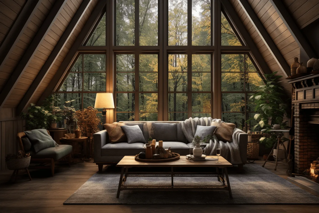 Sunlit window and fireplace create a beautiful living room, vray tracing, atmospheric woodland imagery, gray and amber
