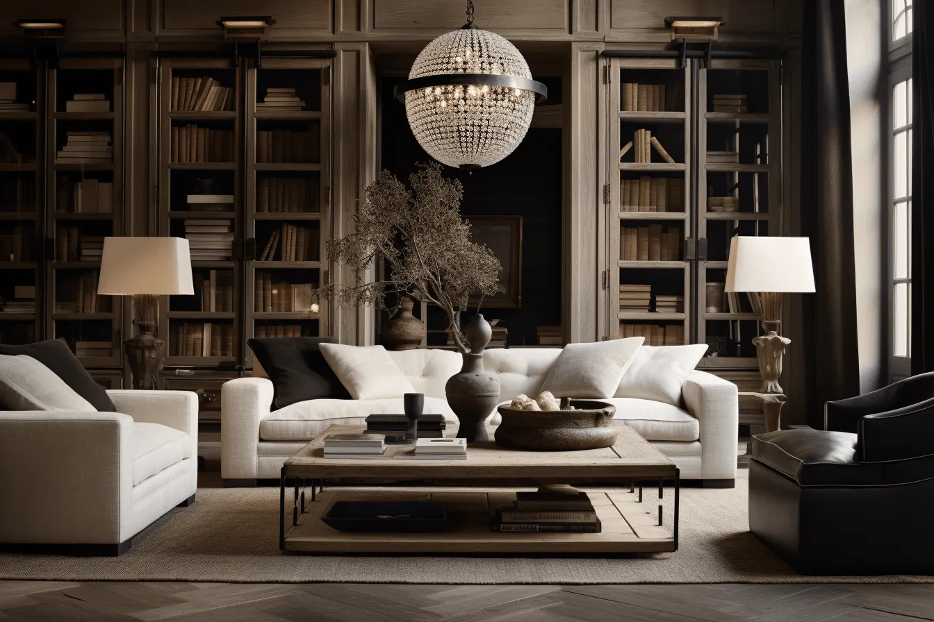 Wooden living room with couches, monochromatic elegance, realistic still lifes with dramatic lighting, multi-layered, dark white and bronze, textural and layered, handcrafted designs, timeless elegance