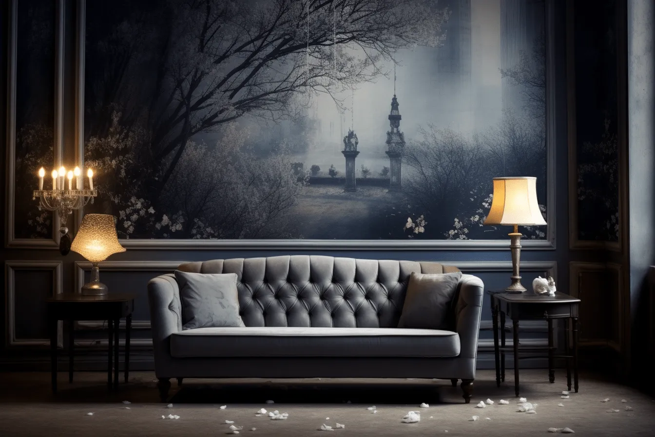 Living room with black wallpaper and lighting, gothic illustration, soft, romantic landscapes, light navy and gray, uhd image, vintage imagery, english countryside scenes, monochromatic imagery