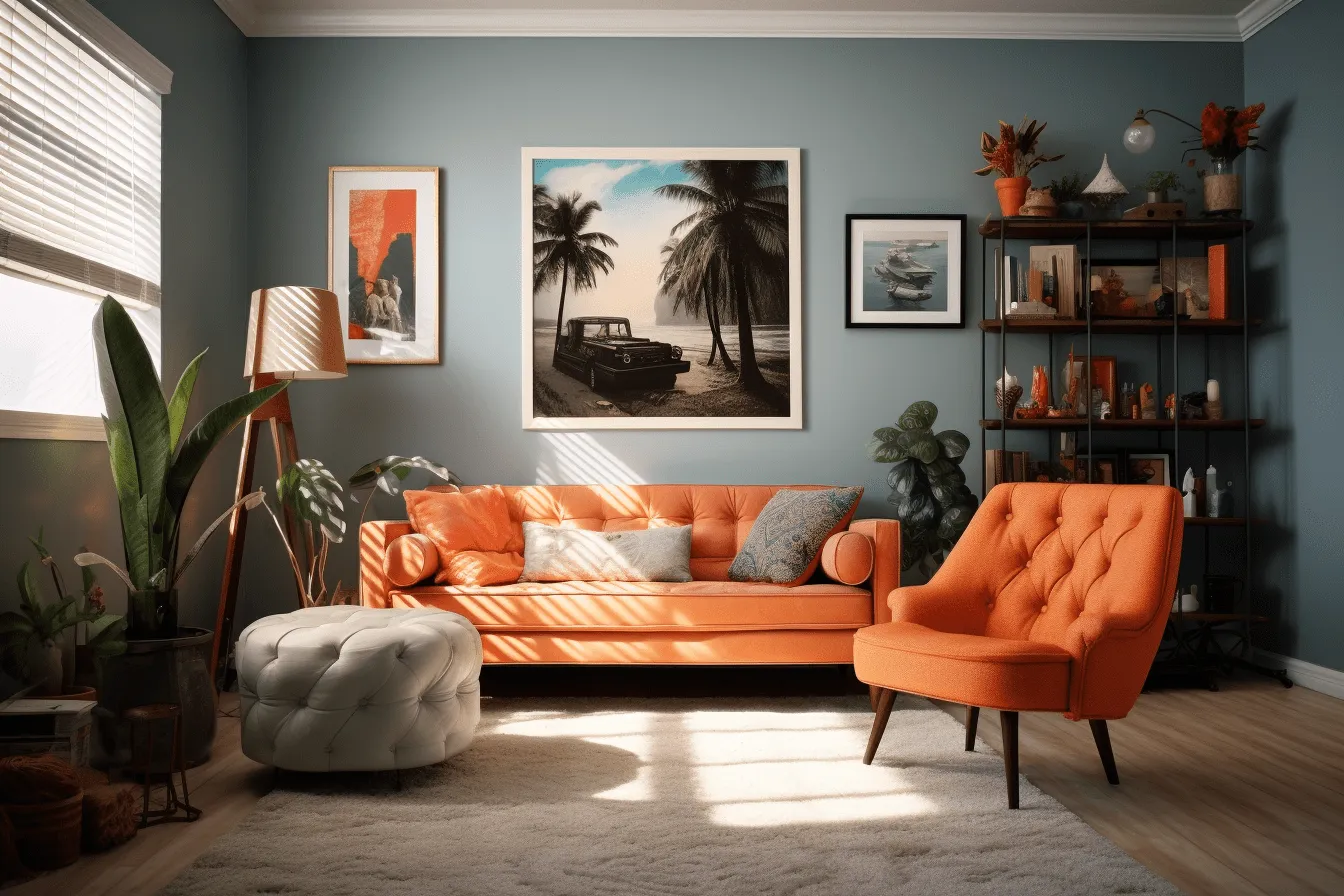 Living room with blue walls and orange furniture, tropical symbolism, daz3d, americana iconography, sunrays shine upon it, monochrome canvases, light brown and orange, high quality photo