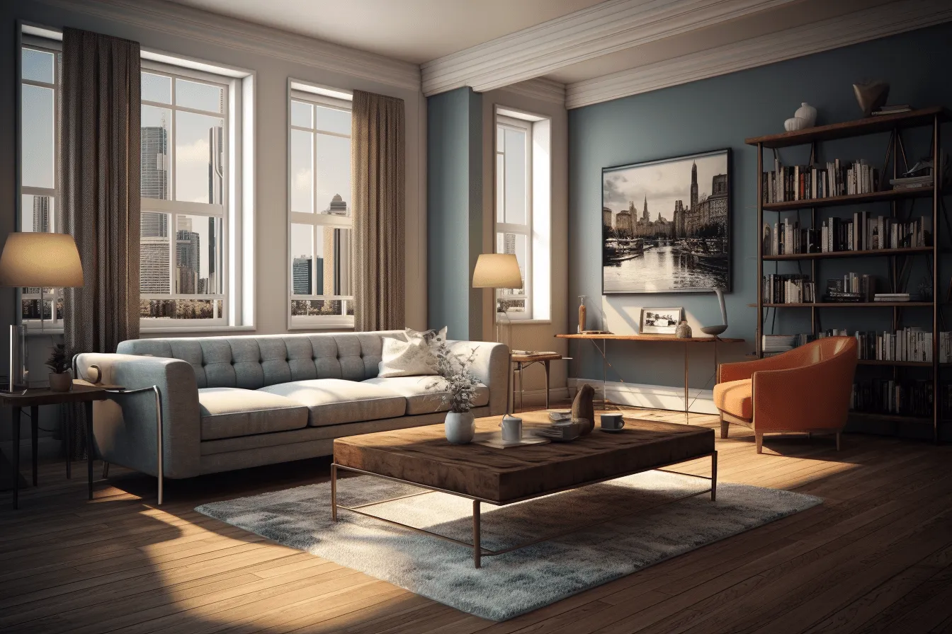 Modern living room with blue walls and orange furniture with city view, victorian era, rendered in unreal engine, life in new york city, soft atmospheric perspective, timeless nostalgia, wood, smooth and shiny