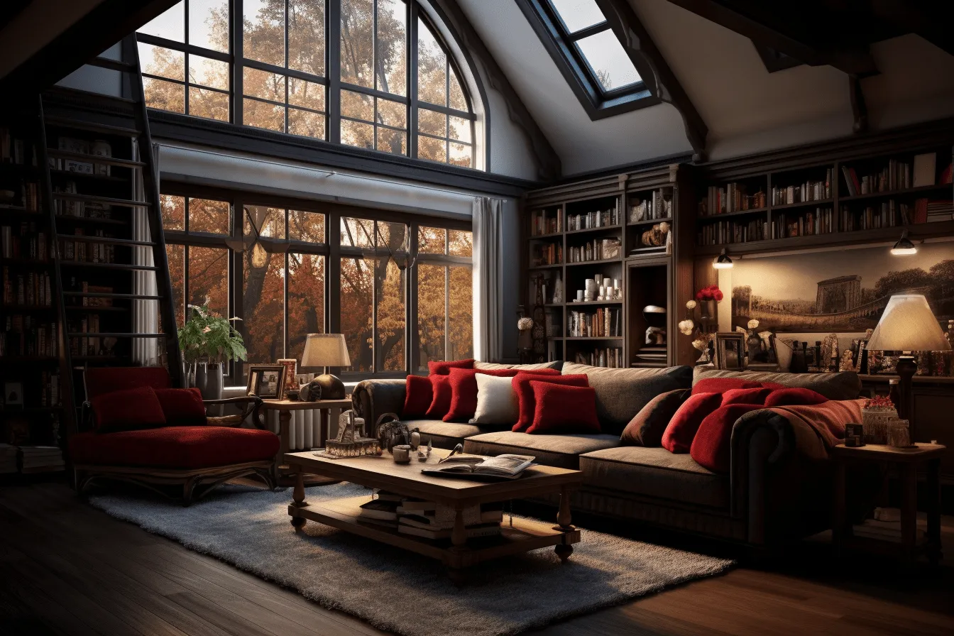 Living room with brown wooden furniture, rendered in unreal engine, red and black, romantic scenery, uhd image, bibliopunk, warm tones, richly layered