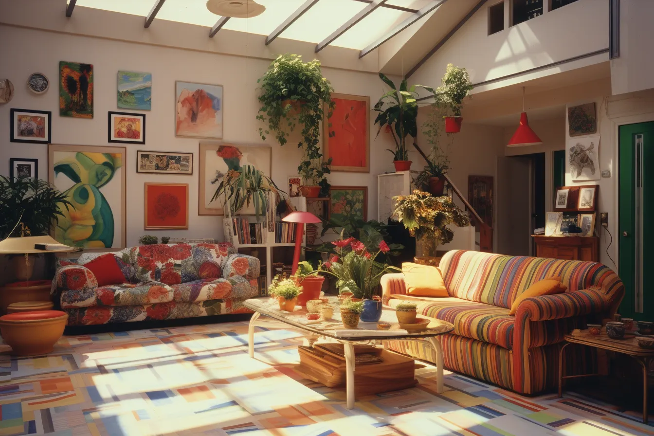 This living room has plants in it, 1990s, fauvist themes, vibrant use of light and shadow, hasselblad h6d-400c, harmonious color schemes, suspended/hanging, eccentric