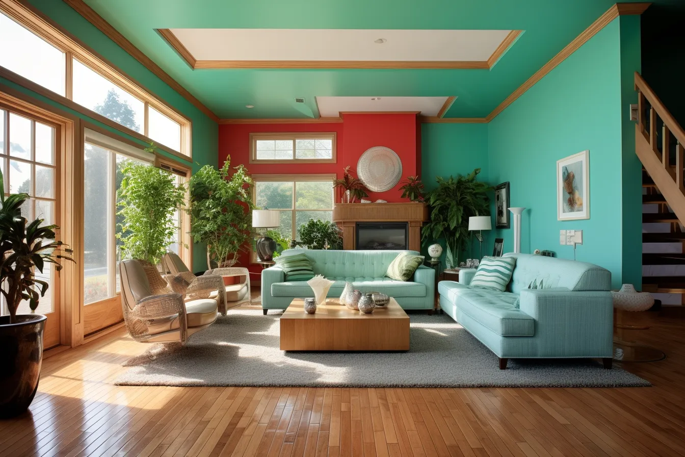Living room has orange walls, light turquoise and dark red, naturalistic rendering, realistic hyper-detailed rendering, light green and teal, american scene painting, loose paint application, vray tracing
