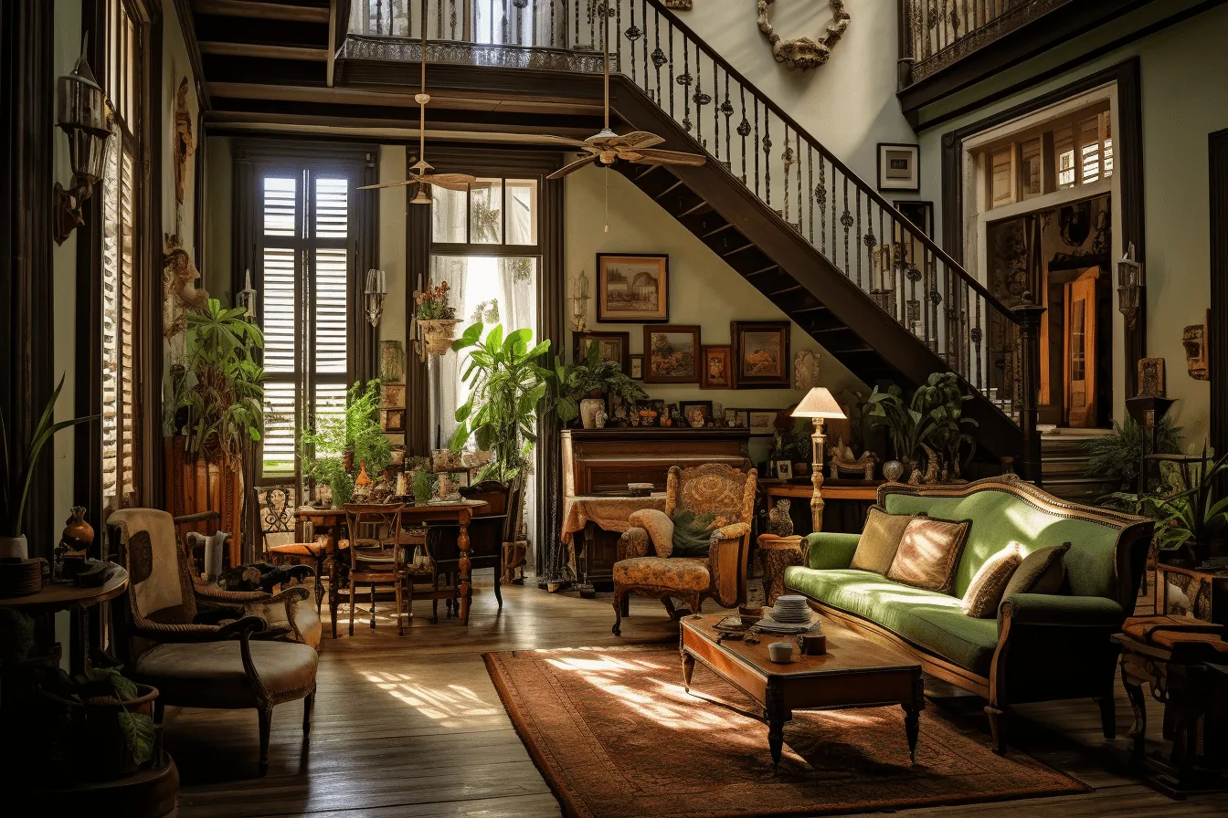 Living room with couches and chairs, nostalgic atmosphere, uhd image, old-world charm, afro-colombian themes, dark brown and green, atmospheric ambience, weathercore