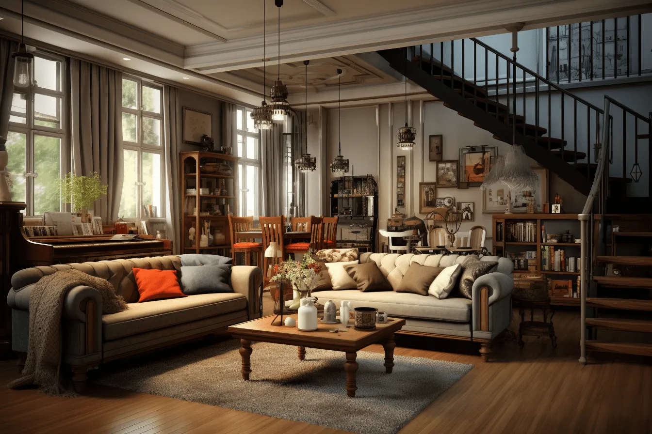 Large room with wooden furniture, photorealistic urban scenes, daz3d, uhd image, steampunk inspired, photorealistic rendering, charming characters, suburban ennui capturer