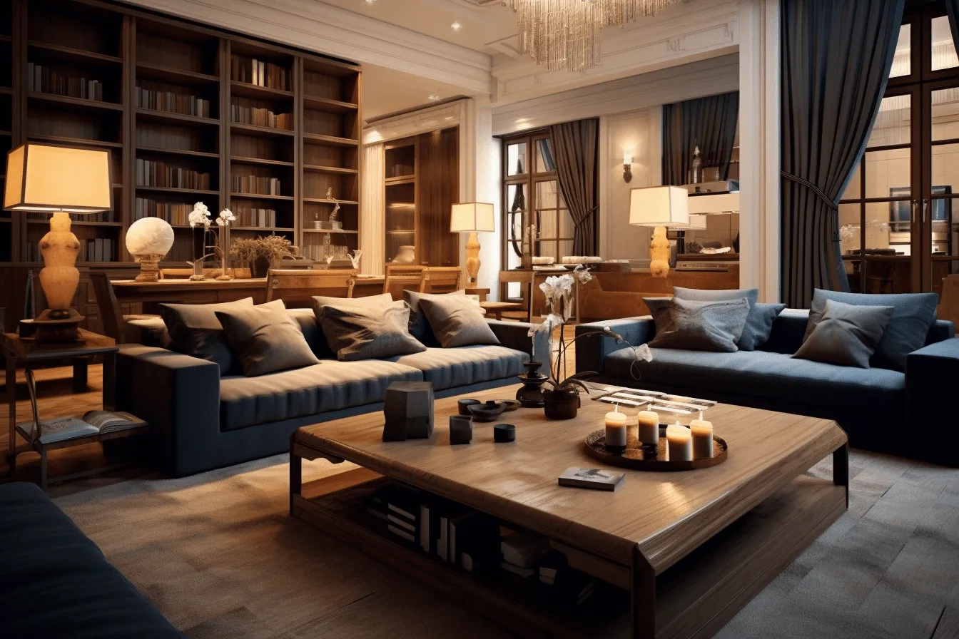 Large modern couches and coffee table is on a large concrete slab, realistic chiaroscuro lighting, intricate woodwork, vignettes of paris, light navy and dark beige, study, luxurious, hyper-realistic atmospheres