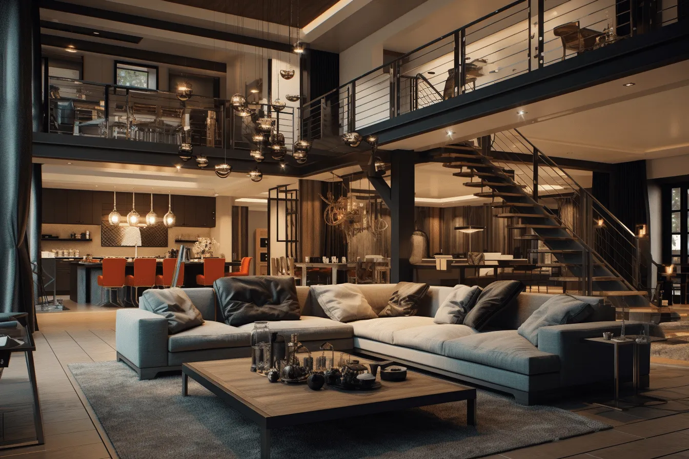 Open living room with a staircase up to the second floor, realistic chiaroscuro lighting, industrial urban scenes, vray tracing, luxurious opulence, maximalism, earthy palette, dark silver and beige