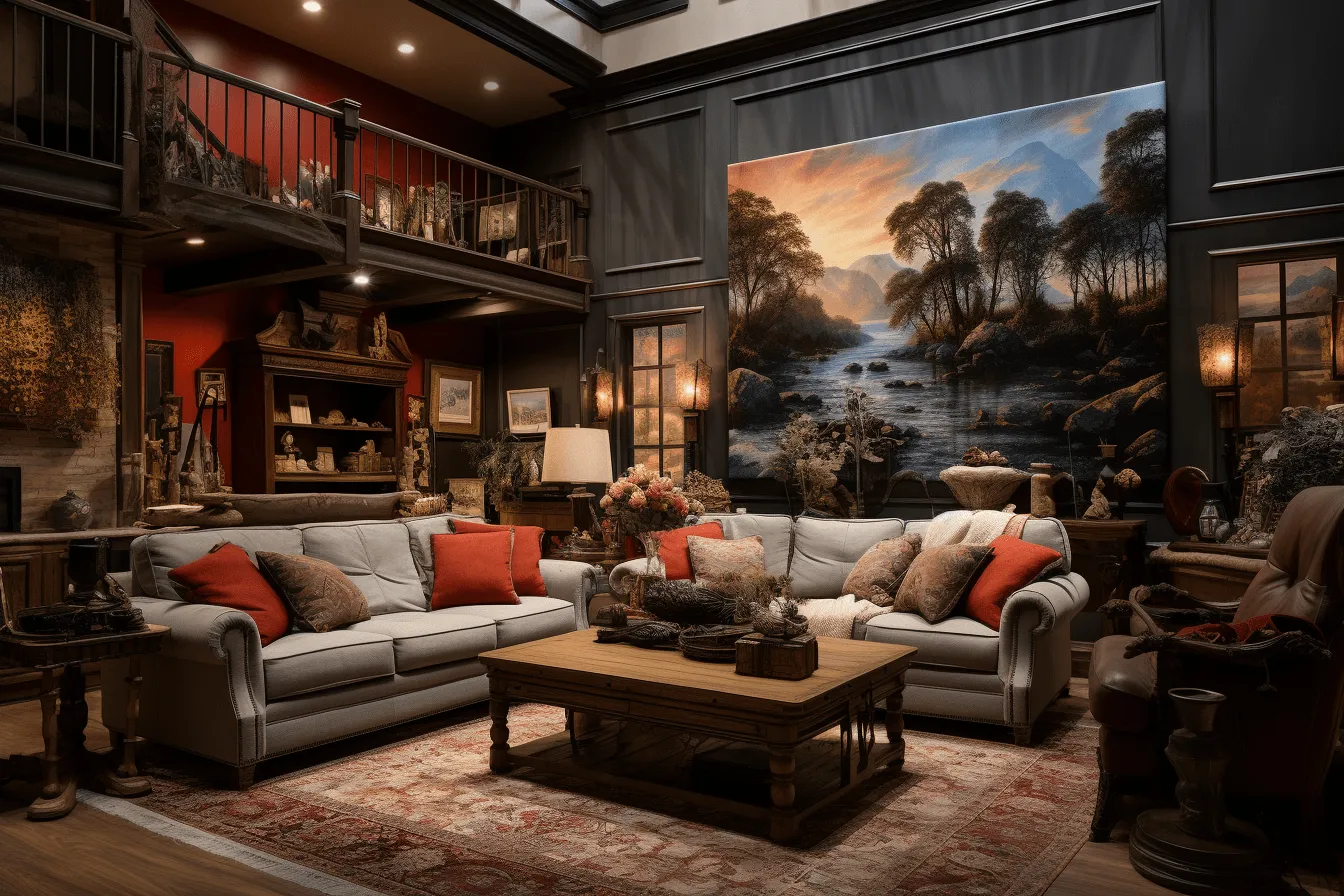 Large sofa with an tv in the middle, tonalist paintings, highly detailed environments, moody tonalism, asian-inspired, dark gray and red, highly staged scenes, eccentric props