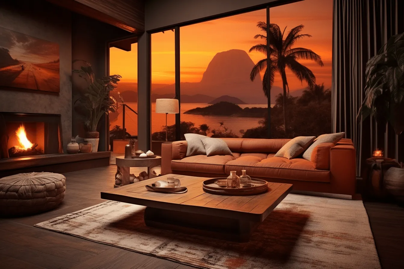 Orange living room with a table and chairs with a fireplace near the sunset, exotic fantasy landscapes, terragen, moody and tranquil scenes, i can't believe how beautiful this is, tropical landscapes, moody and atmospheric, mountainous vistas