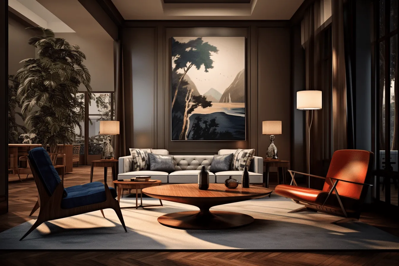 Living room with furniture and a big painting, vray tracing, navy and brown, wealthy portraiture, realistic and hyper-detailed renderings, american tonalist, nature-inspired, tondo