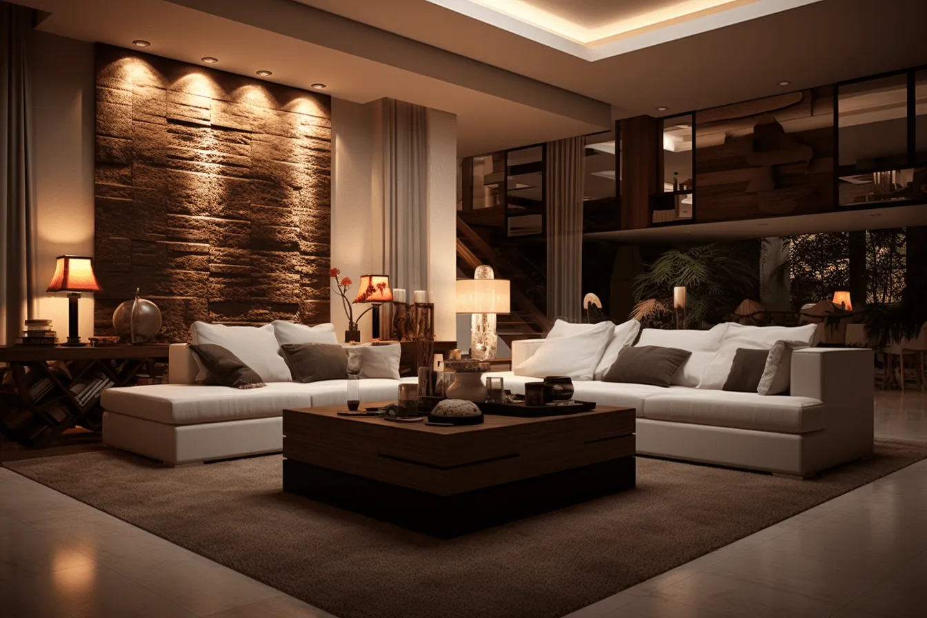 Living room with many white sofas, dark beige and dark amber, realistic chiaroscuro lighting, textured, layered surfaces, stone, serene and peaceful ambiance