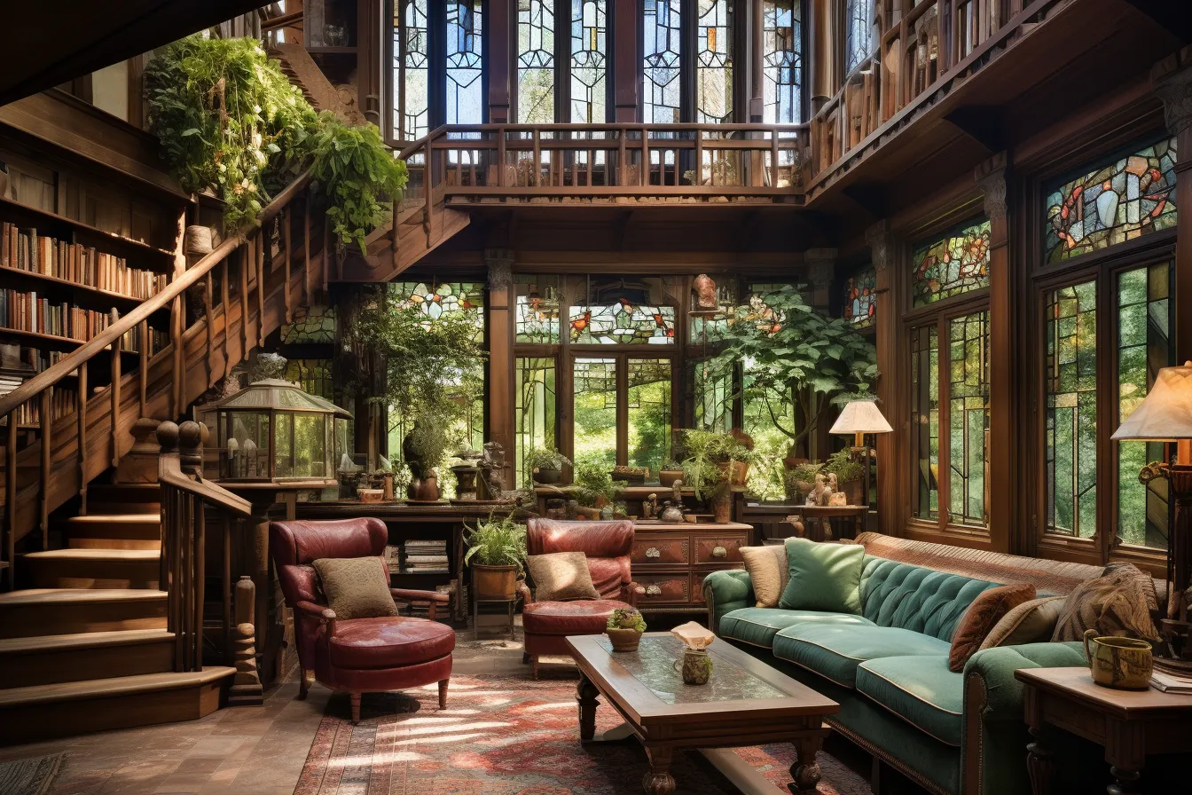 Interior of a library with lots of windows, highly detailed foliage, rustic charm, crimson and brown, american studio craft movement, maximalism, luminous glazes, 32k uhd