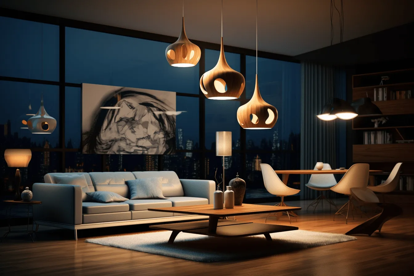 Flat ceiling wall, vray tracing, realistic still lifes with dramatic lighting, mid-century modern, bold, dramatic forms, suspended/hanging, light brown and indigo, urban energy