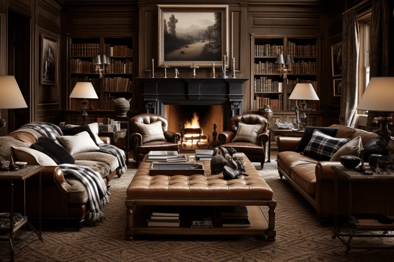 Traditional living room with fireplace, brown and black, dark, moody landscapes, carved books, combining natural and man-made elements, meticulously detailed, chrome-plated, light brown and black