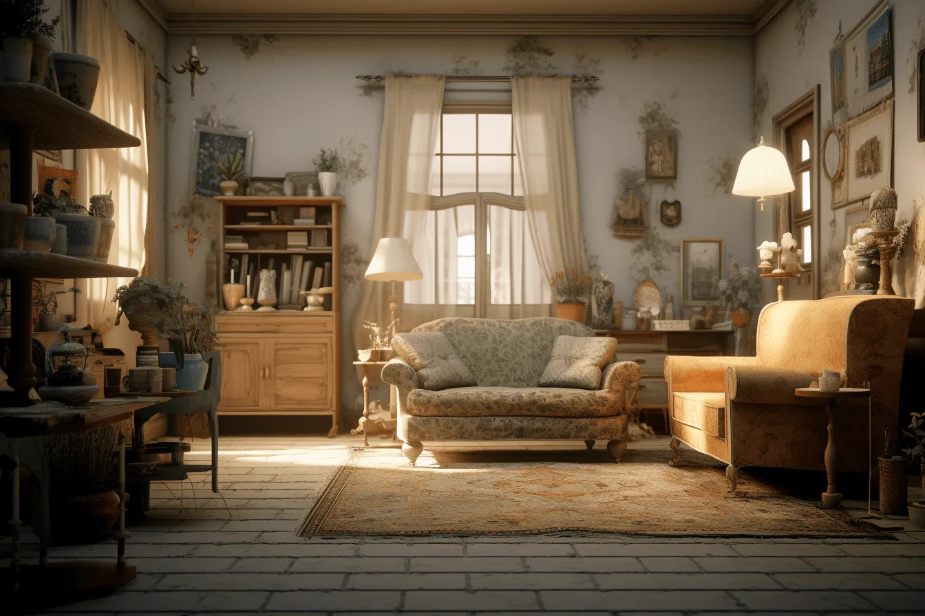 Room with lots of stuff on it, unreal engine 5, realistic yet romantic, english countryside scenes, golden light, 32k uhd, post-war french design, eerily realistic