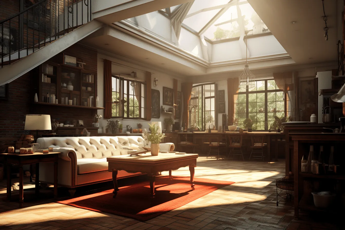 Room with wooden floors, rendered in unreal engine, nostalgic atmosphere, sunrays shine upon it, design/architecture study, richly layered, timeless nostalgia, light crimson and white