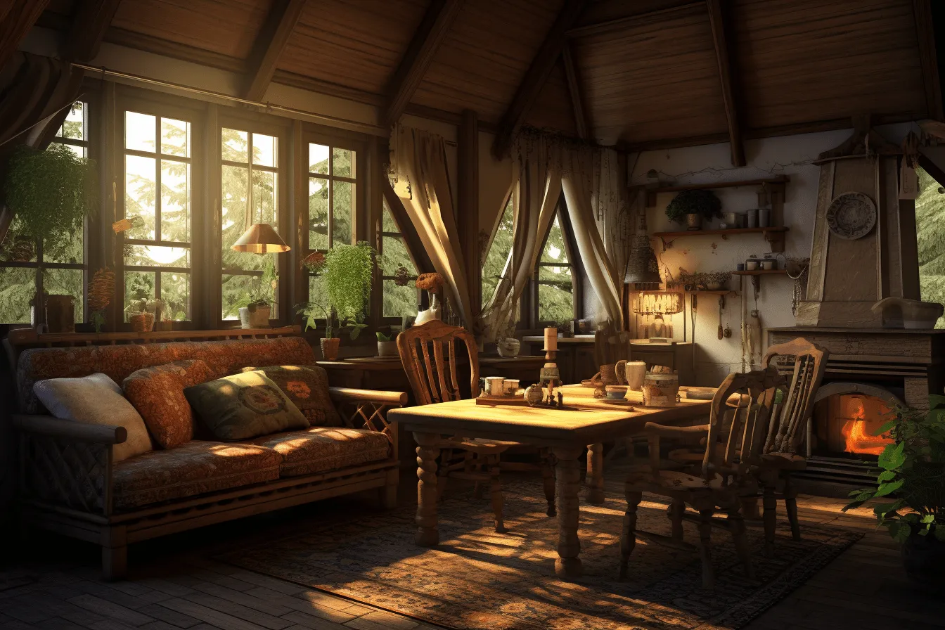 Couch in a living area, unreal engine 5, charming, idyllic rural scenes, uhd image, ray tracing, cabincore, storybook-like, golden light
