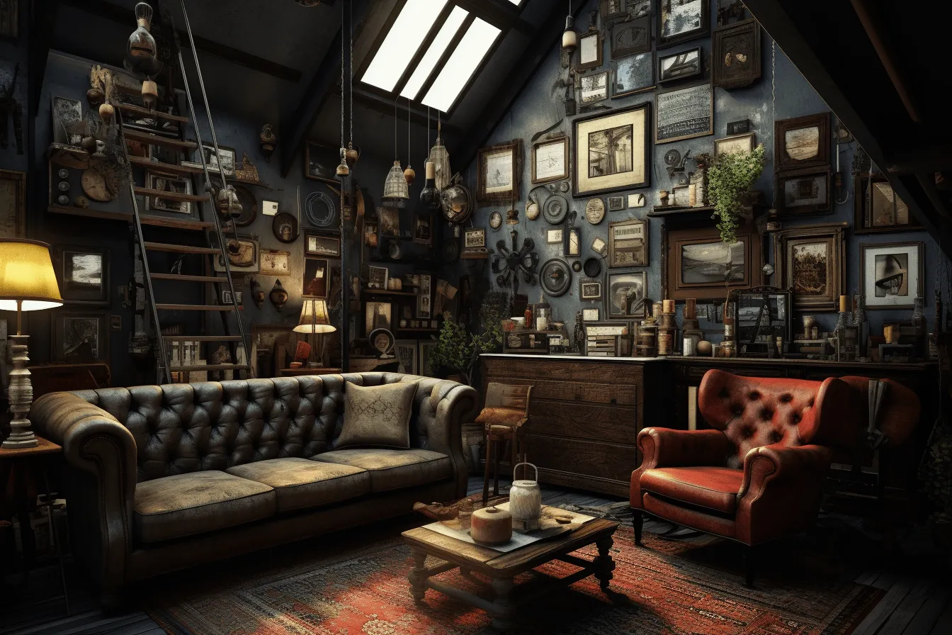 Living room where many photos are hung on the walls and floor, unreal engine 5, antique subjects, leather/hide, dark blue and red, vray, found-object-centric, photo-realistic