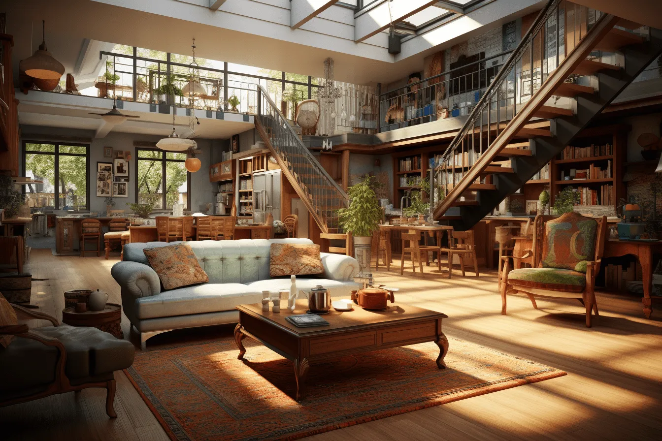Living area is very large, vray tracing, vintage academia, 32k uhd, multilayered, uhd image, industrial