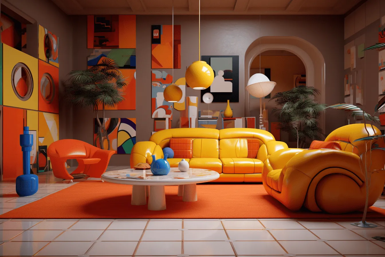 Brown sofa and table, colorful animation stills, dark yellow and orange, postmodern architecture and design, oversized objects, daz3d, bold primary colors, retro charm