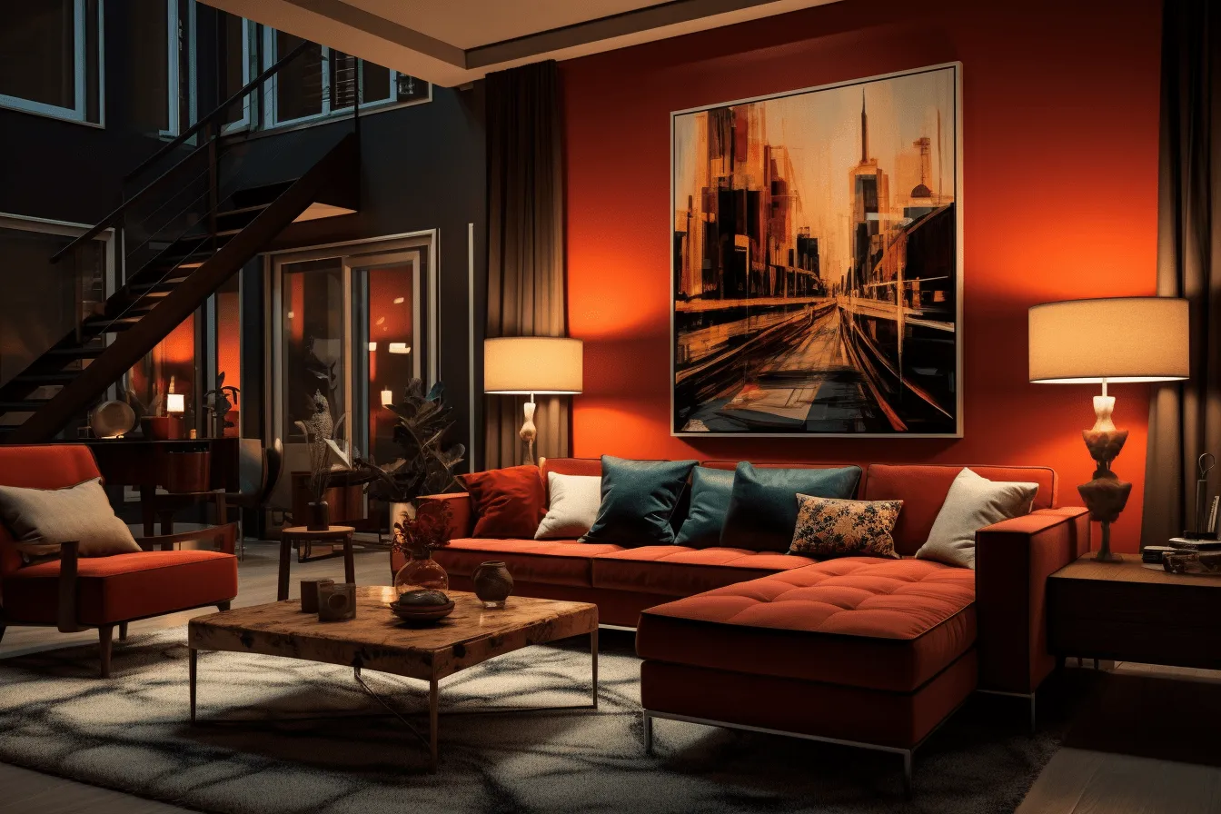 Room with a nice orange and blue interior design, brooding cityscapes, dark crimson and beige, 32k uhd, dark red and orange, landscapist, life in new york city, red