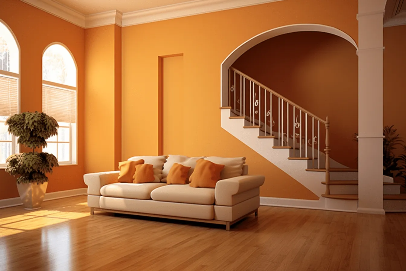 Orange room with golden details, vray, smooth curves, digitally enhanced, soft focal points, detailed, orange