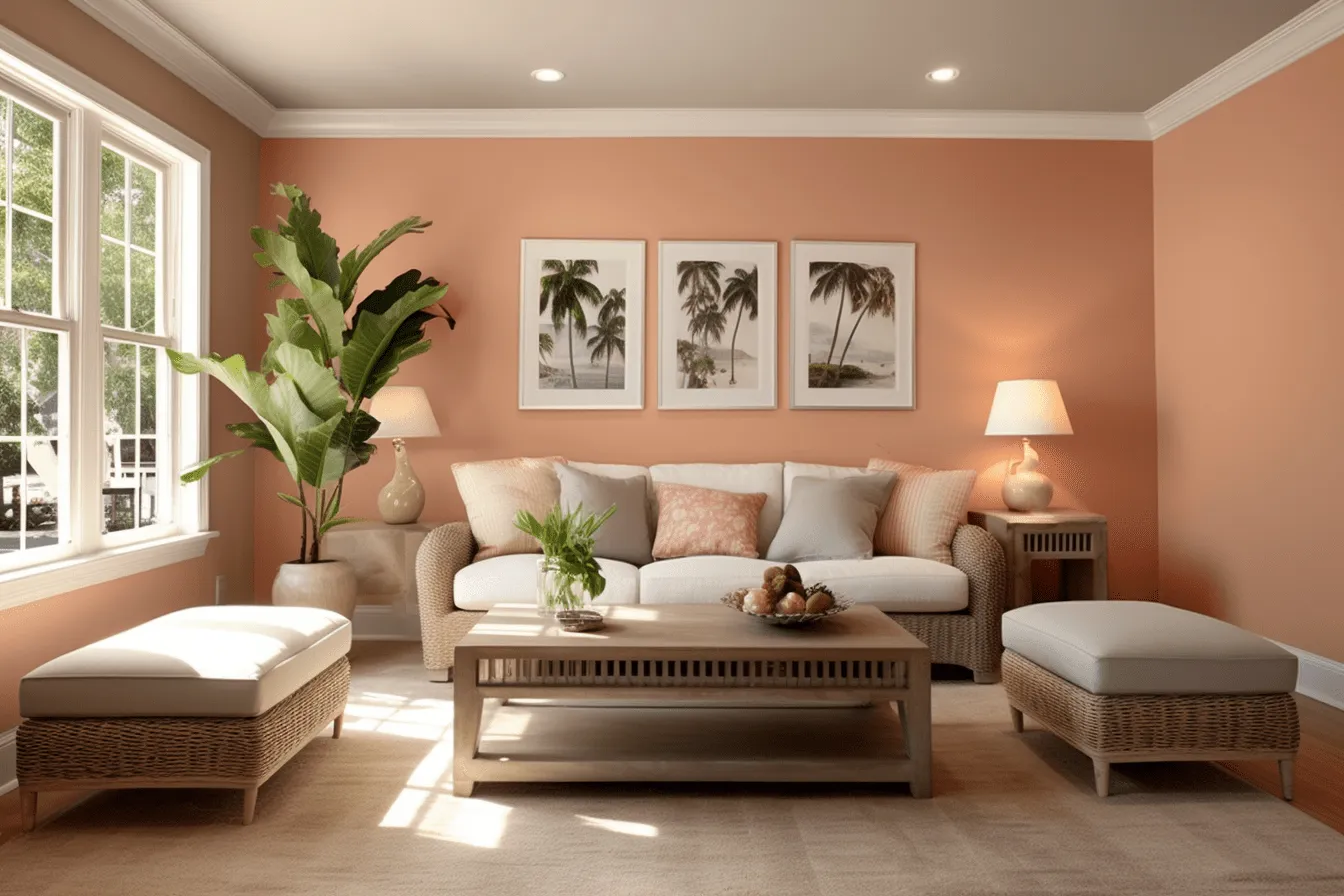 Living room with a warm color scheme with orange walls, naturalistic renderings, tropical symbolism, light pink and white, photorealistic renderings, anglocore, coastal scenery, monochromatic shadows