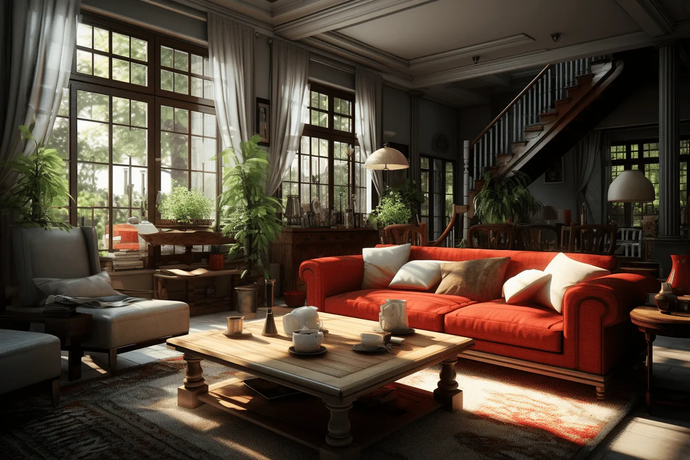 Red couch with cushions, unreal engine 5, atmospheric scenes, highly detailed foliage, solarizing master, lively interiors, swiss style, traditional vietnamese