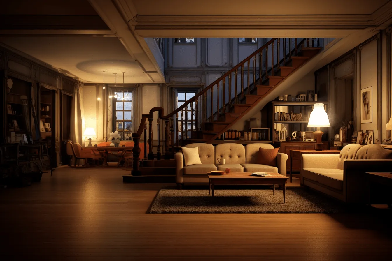 Living room with stairs, realistic chiaroscuro lighting, 32k uhd, atmospheric perspective, warm tones, timeless nostalgia, realistic urban scenes, chiaroscuro lighting