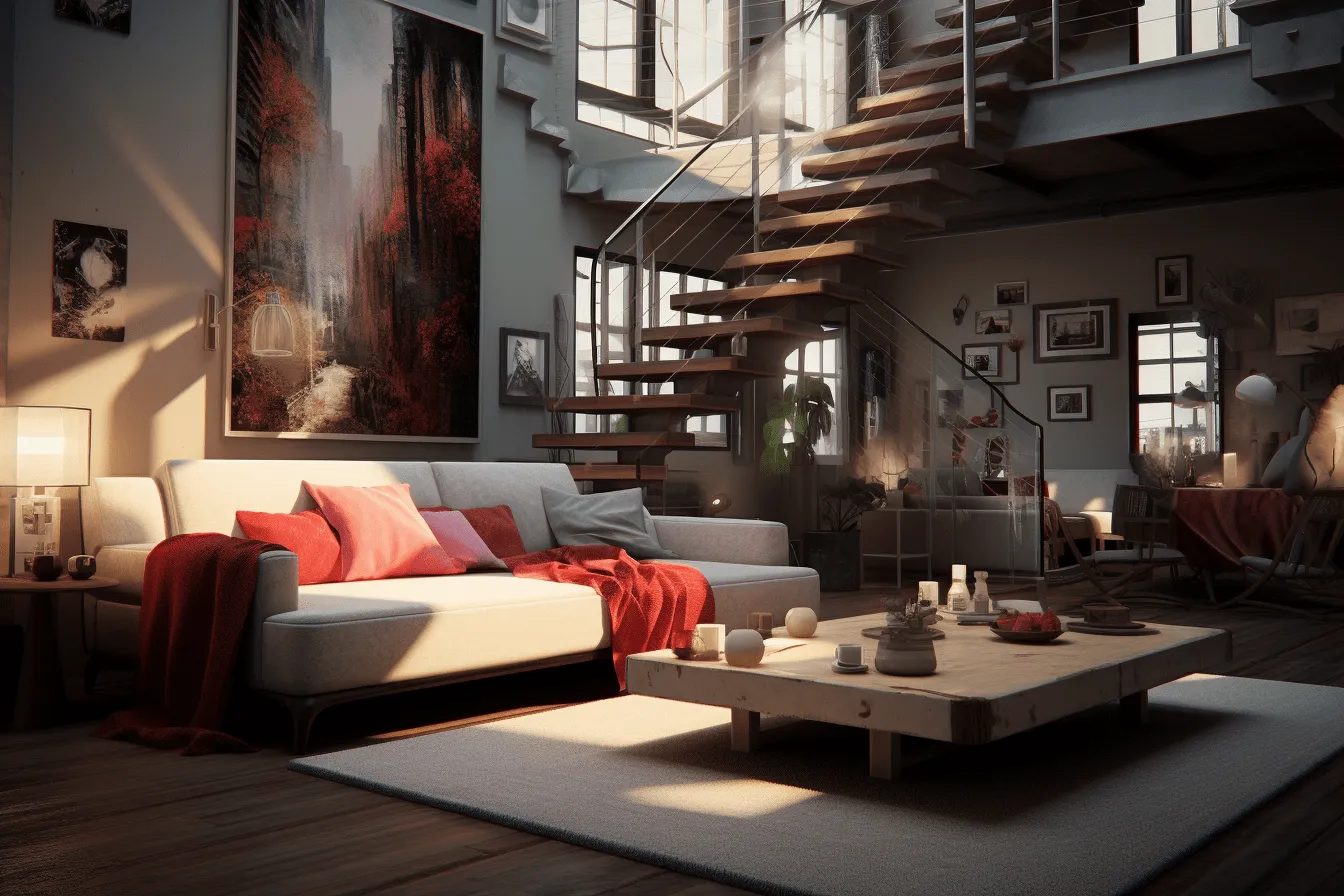 Image of a living room, unreal engine, red and amber, industrial urban scenes, romantic landscape, monochromatic compositions, romantic charm, spot metering