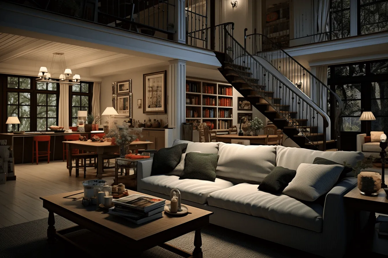 Couch is in the middle of the room, rendered in unreal engine, jewish life scenes, chiaroscuro lighting, american tonalist, timeless elegance, monochromatic color scheme, multi-layered