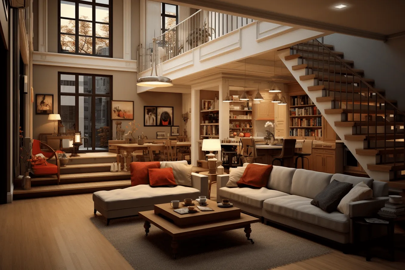This photo shows a living room and stairs, realistic hyper-detailed rendering, american tonalist, realistic urban scenes, 32k uhd, dark orange and beige, classic, detailed
