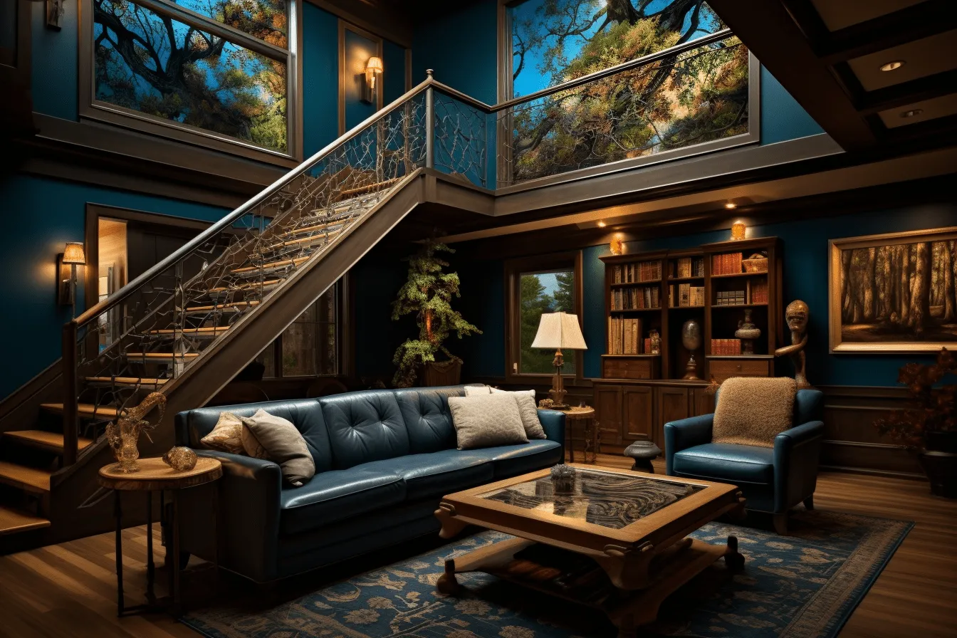 Living room with blue paint and stairs, dark and moody landscapes, highly detailed foliage, intricate woodwork, dark sky-blue and light amber, detailed nature depictions, dramatic lighting, precisionist style