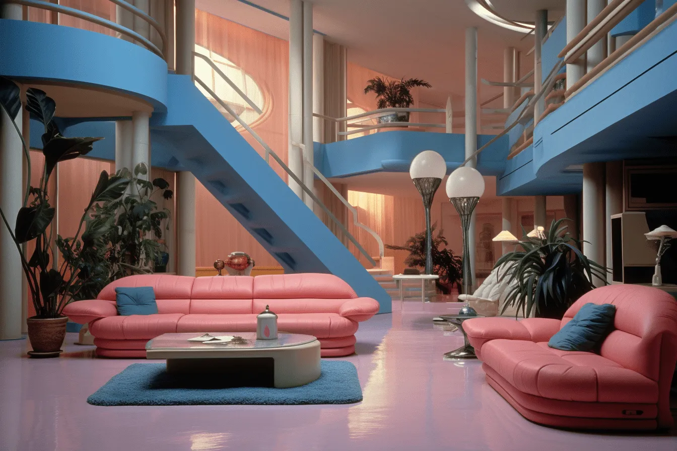 Living room with pink and blue furniture, pulpy sci-fi, dreamlike architecture, 1990s, y2k aesthetic, rounded, cinematic sets, bold, dramatic forms