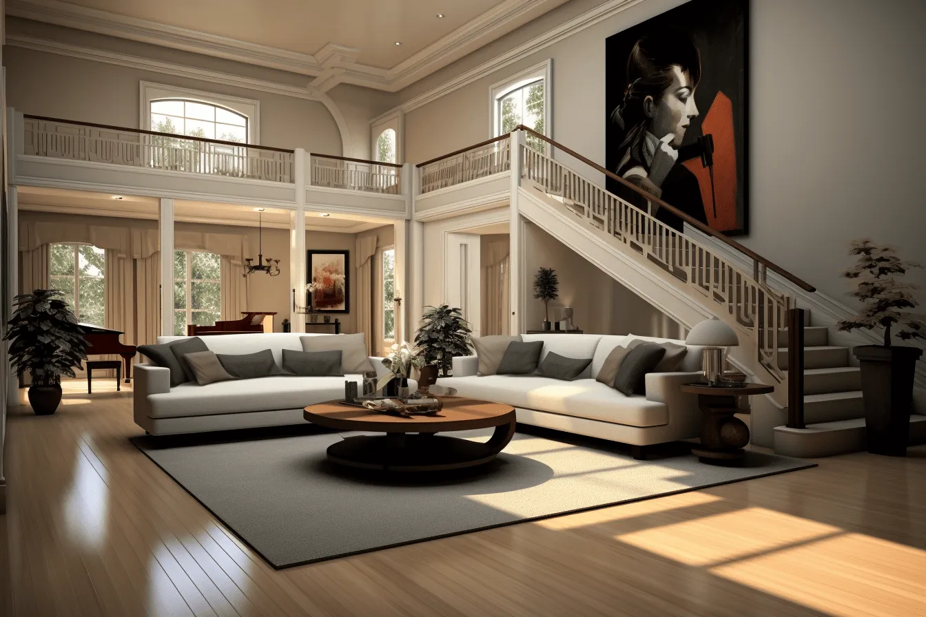 Large living room with some furniture, digitally manipulated, wealthy portraiture, spot metering, precise and lifelike, precisionist art, monochromatic serenity, richly layered