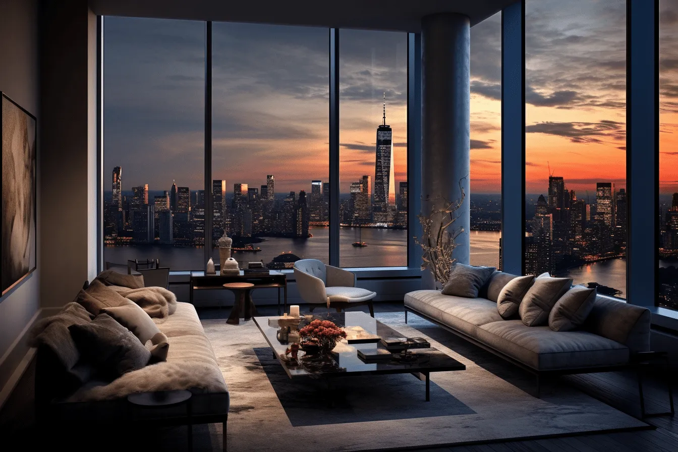 Living room with view of the city at sunset, yankeecore, grandiose architecture, rich and immersive, iconic works of design, solarizing master, manapunk, realistic chiaroscuro