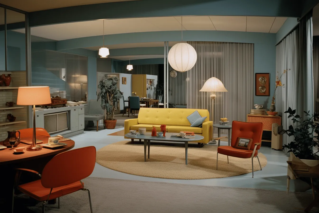 Living room with tables and chairs, iconic pop culture references, uhd image, 1960s, cinestill 50d, dark yellow, detailed interiors, solarizing master